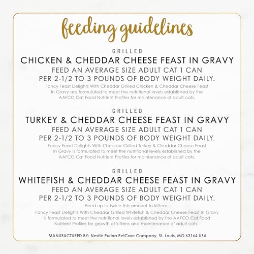 PURINA FANCY FEAST DELIGHTS WITH CHEDDAR GRILLED CHICKEN, TURKEY OR WHITEFISH AND CHEDDAR CHEESE FEAST IN GRAVY WET CAT FOOD VARIETY PACK – (PACK OF 24) 3 OZ. CANS