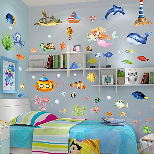 Mermaid Ocean Wall Decals 3D Under The Sea Wall Decal Stickers Removable Sea Life Creatures Fish