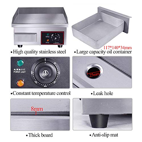 PROMOTOR 14" 1500W Food Commercial Electric Countertop Griddle Flat Top Restaurant Grill BBQ Adjustable Temp Control Grill