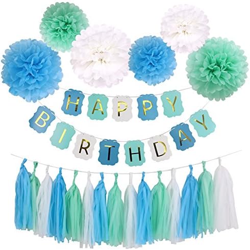 Simla Decor Blue And Mint Green Happy Birthday Decoration Set For Baby Boys Kids Party Favor Including Birthday Banner With 6pcs Tissue Paper Pom Pom Flower And 15pcs Paper Tassel