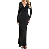 Long Sleeve V Neck Long Dress Bodycon Maxi Ruched Sexy Backless Tie Wedding Guest Formal Fall Dresses for Women