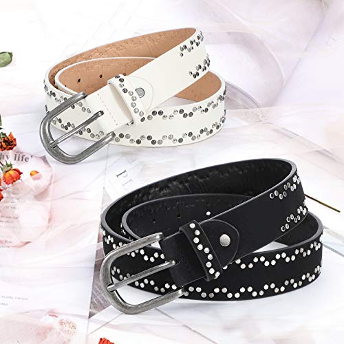 WERFORU Women Rivets Studded PU Leather Belt for Jeans Dress Ladies Punk Waist Belt, Black,Suit for Pants Size 26-29 Inches