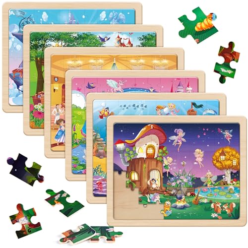 SYNARRY Unicorn Mermaid Princess Fairy Wooden Puzzles for Kids Ages 4-6, 6 Packs 60 PCs Jigsaw Puzzles for Kids Ages 4-8, Preschool Toys Gifts for Toddlers 3-5, Wood Puzzles for 3 4 5 6 Year Old Girls