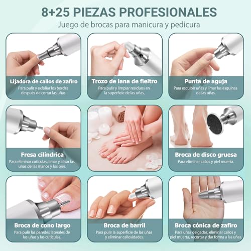 Lima Para Pies Electrica, Removedor de Callos Para Pies ajustables de 15 velocidades con pantalla LED, lima para uñas pies 2 en 1, lima electrica pedicure para pies recargable de 2000 mAh para piel muerta y uñas gruesas