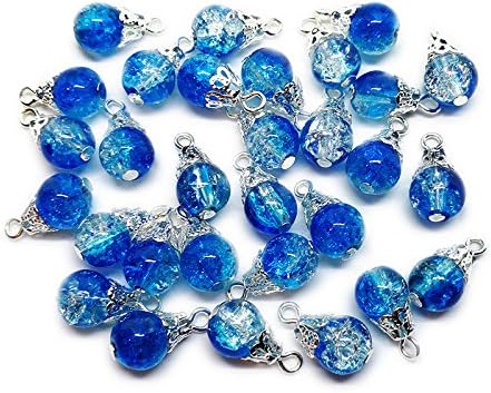 30pcs Handcrafted Crackle Glass Beads Drops w/Silver Wire & Bead Cap for Jewelry Making by Beading Station (Blue)