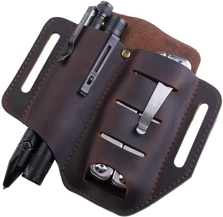 VIPERADE PJ8 EDC Leather Sheath for Belt,EDC Organiser Leather Multitool Holster with 2 Pockets, Multitool Sheath Flashlight Holster,Multifunctional Organiser Pouch Pen Holder-Brown