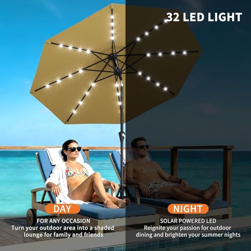 GarveeHome Ombrellone Da Giardino Solare 3 m Con 32 Luci LED, Protezione UV, Sollevamento a Manovella, Inclinazione Regolabile Con Pulsante, Per Terrazzo e Giardino