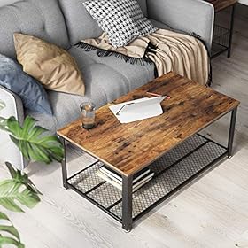 VASAGLE Coffee Table for Living Room, 2-Tier Cocktail Table, Center Table with Mesh Shelf, Steel Frame, Adjustable Feet… 512llwfILIL