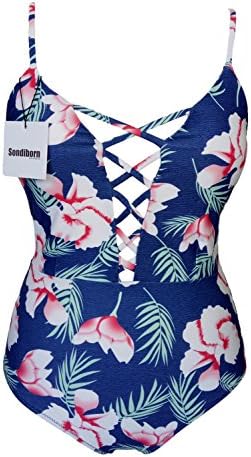 Sondiborn Swimwear Women's One Piece Criss Cross Front Swimsuit Solid Color Floral Print Monokini (S, Floral Print #3)