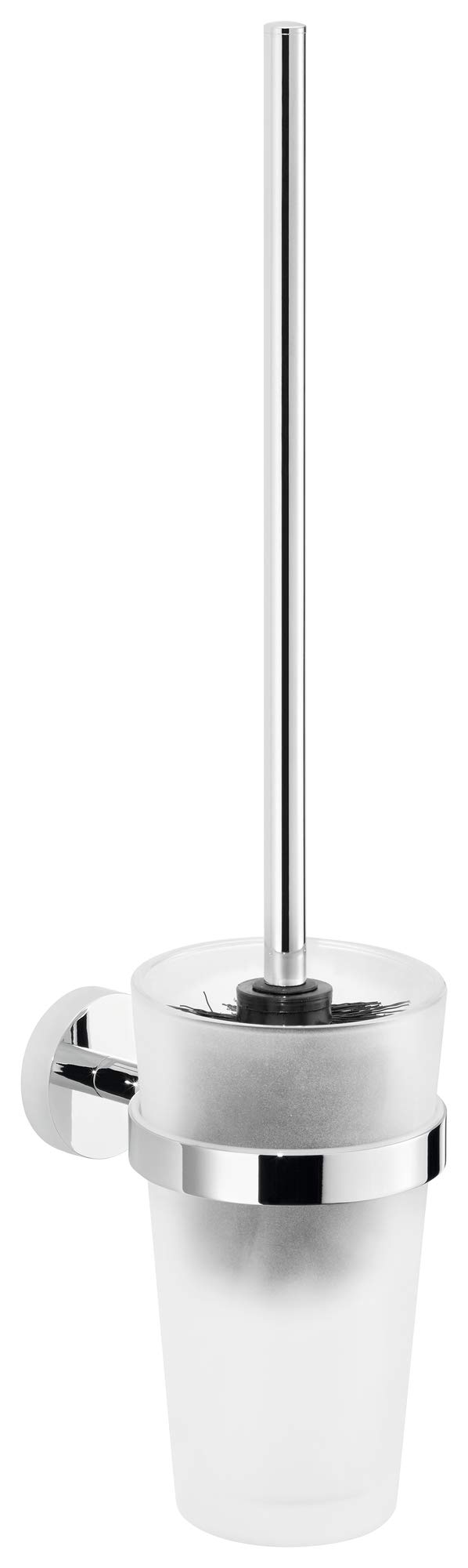tesa EXXCELLENT Toilet Brush Holder - Wall-Mounted, Stainless-Steel Toilet Brush with Bowl in Frosted-Glass Design - Waterproof, incl. Power.Kit Adhesive Solution - 445mm x 94mm x 136mm