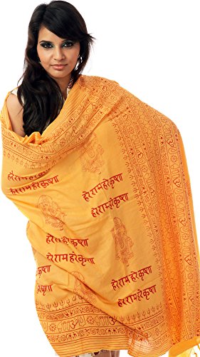 Exotic India Hare Rama Hare Krishna Prayer Shawl with Printed Ganeshas - Yellow