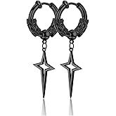 Gothic Punk Black Stainless Steel Non Pierced Cross Star Dangle Clip on Hoop Earrings Non-Piercing Jewelry Viking Dragon-Shaped Earring Gift for Men Women Teens