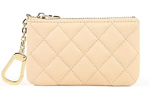 Mossruta Premium Genuine Full Grain Leather Mini Coin Purse Keychain Pouch Card Holder for Men Women (Khaki Quilted)