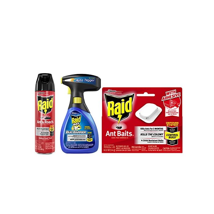 Raid Defense System, Raid Ant & Roach Killing Spray, Raid Max Bug Barrier, and Raid Ant Baits, Pack of 3 items
