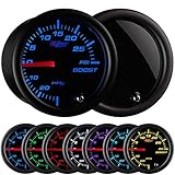 GlowShift Tinted 7 Color 30 PSI Turbo Boost / Vacuum Gauge Kit - Includes Mechanical Hose & T-Fitting - Black Dial - Smoked Lens - For Car & Truck - 2-1/16" 52mm