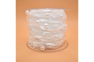 HDST-HOME 10M Artificial Bead Pearl Ribbon Chiffon Ribbon and Organza Lace Ribbon Trims for Wedding Flower Christmas Tree Decoration Sewing Craft Packaging (White)