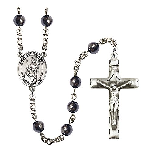 Guardian Angel of the World Silver-Plated Rosary 6mm Hematite Beads Crucifix Size 1 3/4 x 1 medal charm