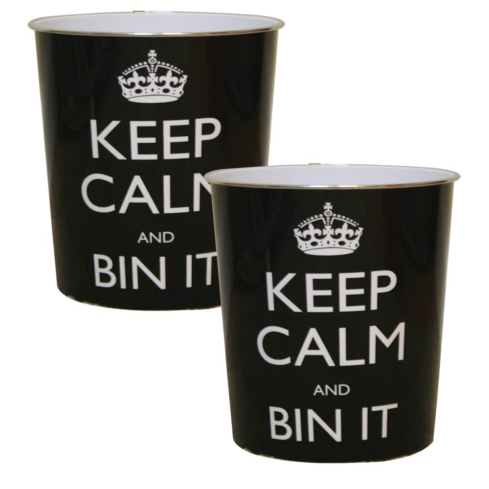 JVL Pair of Black Keep calm and bin it waste paper bin 25 x 26.5cm