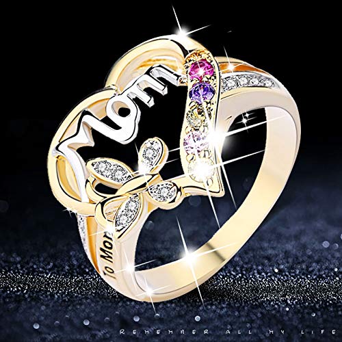 Ymibull Mother\'s Day Love Heart Ring Mother\'s Day Ring Bridal Zircon Diamond Elegant Engagement Wedding Band Gift (Golden, 7)