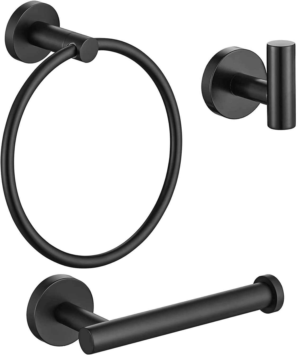 YUET Bathroom Hardware Accessories Set - SUS 304 Stainless Steel Brushed Wall Mounted Rack, Towel Ring Bar + Toilet Paper Roll Holder + Robe Hook, Bath Accessory Hooks (Black)