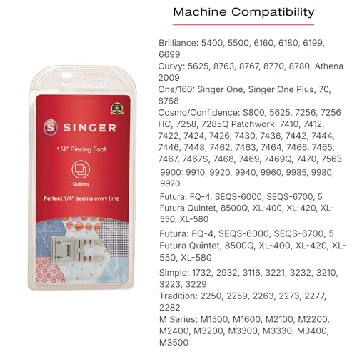 SINGER 1/4 Inch Piecing Presser Foot | Ensures Precision Seam Allowances for Quilting, Crafting & Apparel Making | Compatible with Low-Shank Sewing Machines
