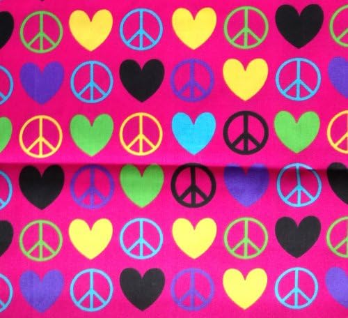 Retro Style Multi-Color Peace Signs & Hearts on Hpt Pink Fabric (Great for Quilting, Sewing, Craft Projects, Curtains, Pillows, Etc.) 2 Yards