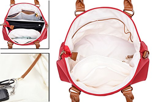 NNEE Water Resistance Nylon Top Handle Satchel Handbag with Multiple Pocket Design - Red