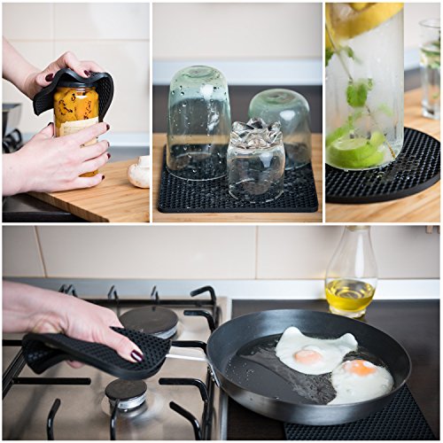 Q's INN Silicone Trivet Mats | Hot Pot Holders | Drying Mat. Our 7 in 1 Multi-Purpose Kitchen Tool is Heat Resistant to 440Â°F, Non-slip,durable, flexible easy to wash and dry and Contains 4 pcs Black.