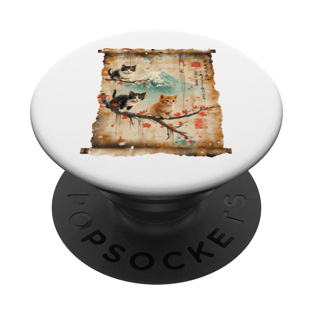 Mt. Fuji Kitten Papyrus Scroll Winter Japanese Art Cat PopSockets Swappable PopGrip