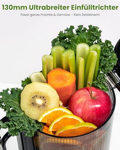 LINKChef Juicer Slow Juicer, 130 mm Large Opening, Juicer Vegetables and Fruit, 1.8 L Capacity, 250 W Electric Juicer with Return Function, Quiet, Easy Assembly, Easy to Clean, BPA-Free
