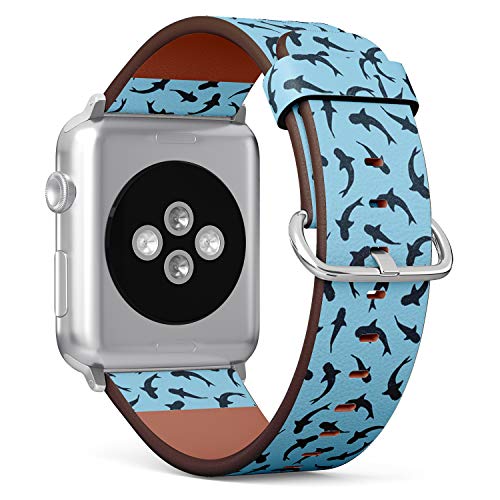 Compatible with Apple Watch Series 7/6/5/4/3/2/1 (Small Version 38/40/41 mm) Leather Wristband Bracelet Replacement Accessory Band + Adapters - Sharks On Blue