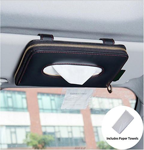 Car Visor Tissue Holder, Lexvss Premium Leather Car Visor Tissue Holder Mount, Hanging Tissue Holder Case for Car Seat Back, Multi-use Paper Towel Cover Case with a Pack of Paper Towels【Black】