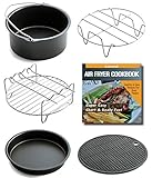 Air Fryer Accessories For Gowise Philips And Cozyna, Fits All 3.7QT - 5.8QT, Non-stick Barrel/Pan + Metal Holder + Multi-Purpose Rack with Skewers and Silicone Mat, Cookbook Included
