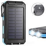 F.Dorla 20000mAh Power Bank Solar Charger Waterproof Portable External Battery USB Charger Built in LED light with Compass for iPad iPhone Android cellphones, 9 Colors Avaliable (Black+Blue)