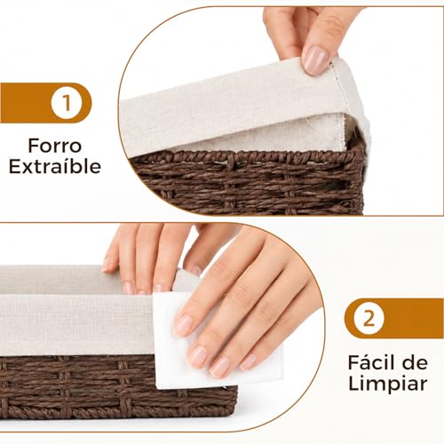 Cestas de Mimbre, Juego de 3 Cestas de Baño, Cestas de Mimbre Tejidas a Mano con Forro Extraíble, Cesta de Almacenamiento para el Hogar Apilable para Dormitorios, Cocina, Baños, Estantería y Organizar