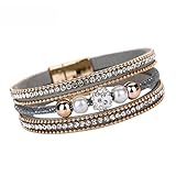 DDLBiz Women Fashion Crystal Beaded Multilayer Bangle Bracelet Leather Magnetic Wristband (Gray)