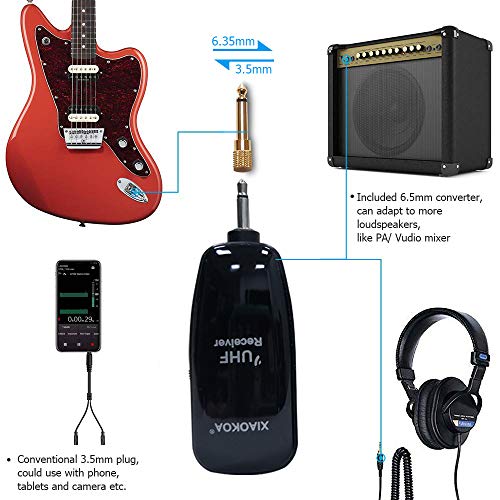 Wireless Guitar System, XIAOKOA Rechargable Transmitter and Receiver, UHF 50M Transmission Range for Electric Guitar, Bass, Violin, Speakers, Voice Amplifier, PA System