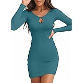 Valiamcep Women's Long Sleeve Mini Dress Cutout Keyhole Neck Ribbed Knitted Party Bodycon Dress Lake Blue S