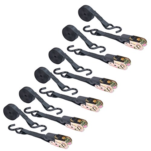 Mann Ratchet Tie Downs Straps 6-Pack with S-Hooks 1-Inch x 15-Feet 500 Lbs Load Cap - 1500 Lb Break Strength (Black) - Thumbnail 2