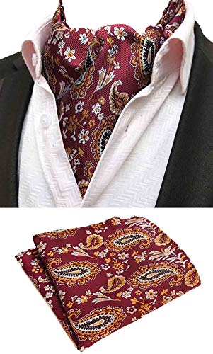 MOHSLEE Mens Red Floral Paisley Cravat Wedding Ascot Tie Scarf Pocket Square Set