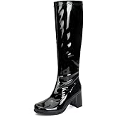 Heiyom Women's Gogo Boots Chunky Heel Knee High Boots | Wide Calf Square Toe 60s 70s Disco Costume Tall Boots with Side Zipper Comfortable Long Boots