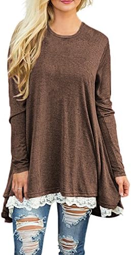 Songbai Women's Long Sleeve A-line Lace Stitching Trim Casual Dress (2XL, P Brown Lace)