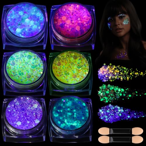 Teenitor 6 Colors Glow in The Dark Glitter Gel, Face Glitter Gel, Body Glitter Hair Glitter for Halloween Makeup UV Black Light Party Cheer Raves Festivals