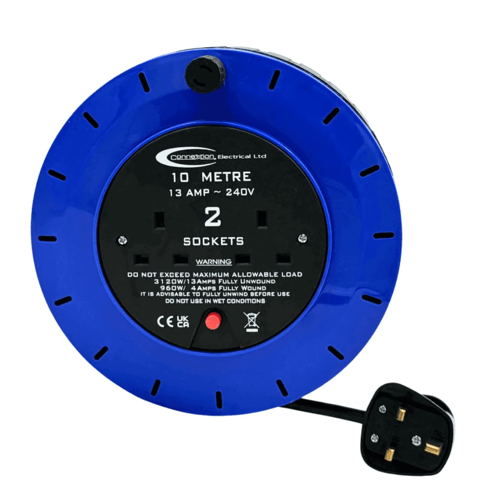 2 Way Socket Cable Reel 10 Metres Extension Lead 240 Volts 13 Amps with Thermal Cut Out Extension Lead Reel
