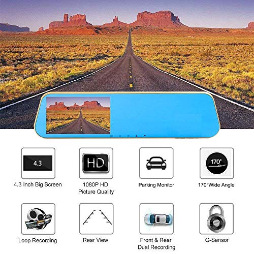 TENNBOO Mount Front and Rear Dash Cam with 4.3" Full HD 1080P Mirror Screen,170Â°Wide Angle Dual Lens Car DVR and 140Â°Water-Proof Back Camera,8GB Micro SD Card Included (Black)