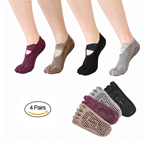 Yoga Toe Socks Grip Non Slip Skid for Ballet, Yoga, Pilates, Barre, Exercise, Dance, Studio, Hospital, Gifts For Women 4 Pairs black,gray,purple,brown 5-9