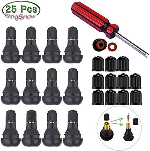 BingSnow 12 Pcs TR412 Rubber Snap-in Tire Valve Stem with Built-in Valve Stem Core, 12 Pcs Valve Caps and 1 Pcs Valve Core Remover Tool(25 Pcs)