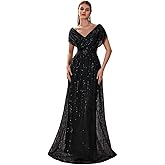 Giffniseti Women's V Neck Sequin Ball Gown Formal Maxi Dress A-Line Prom Evening Party Gowns