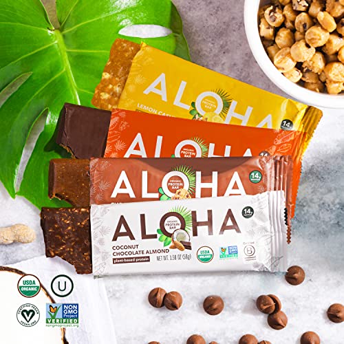 ALOHA Organic Plant Based Protein Bars Trial Pack 4 Flavors 1.98oz Bars Vegan Snacks, Low