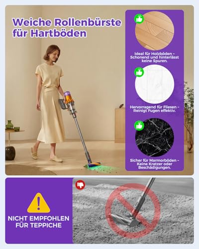 V15 Fluffy Optic Cleaning Head for Dyson V15 V11 V10 V8 V7, Dust Detection with Green Light, Soft Roller Attachment for Hard and Wood Floors | LED makes dust visible, cleans dark areas, flexible neck for furniture, soft shock protection, lightweight design